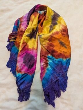 NWOT 100% Silk 100% Silk yellow orange purple tie dye rectangle scarf
